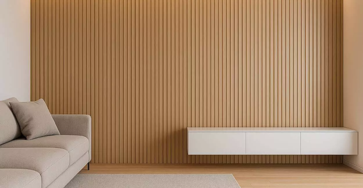 Parede de sala contemporânea com madeira ripada vertical clara, combinando iluminação embutida em LED e design minimalista para criar profundidade e elegância no ambiente.