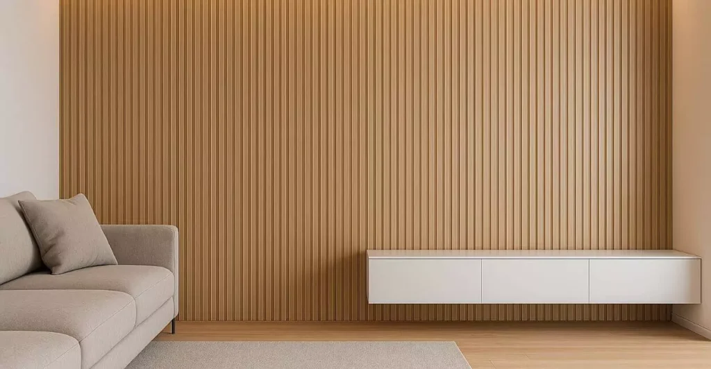 Parede de sala contemporânea com madeira ripada vertical clara, combinando iluminação embutida em LED e design minimalista para criar profundidade e elegância no ambiente.